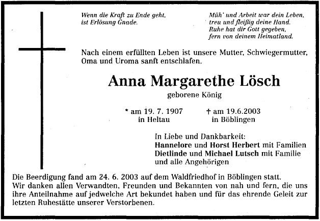 Koenig Anna Margarethe 1907-2003 Todesanzeige